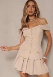 Beżowy Komplet Bluzka Hiszpanka Zapinana na Guziki i Rozkloszowana Spódnica Saladriela. Brązowe bluzki damskie Renee, m, bez wzorów, eleganckie, rozkloszowane. Za 119.99 zł.
