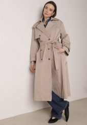 Beżowy Bawełniano-Wiskozowy Płaszcz Trencz z Wiązanym Paskiem i Klapą Lissana. Brązowe płaszcze damskie Born2be, l, bez wzorów, z bawełny, eleganckie, bez kaptura. Za 219.99 zł.