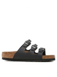 Birkenstock Klapki Florida 1011445 Czarny. Czarne klapki damskie Birkenstock, bez wzorów, ze skóry, bez obcasa. W wyprzedaży za 389.99 zł.