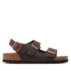 Sandały damskie brązowe Birkenstock Milano LE. Brązowe obuwie sportowe damskie Birkenstock, bez wzorów, bez obcasa, bez zapięcia. Za 449.99 zł.