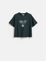 Bawełniany t-shirt z nadrukiem - ciemnoszary. Szare t-shirty damskie Reserved, l, bez wzorów, z bawełny, bez kołnierzyka. Za 59.99 zł.