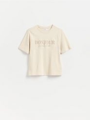 Bawełniany t-shirt z haftem - beżowy. Brązowe t-shirty damskie Reserved, l, bez wzorów, z bawełny, bez kołnierzyka. Za 49.99 zł.