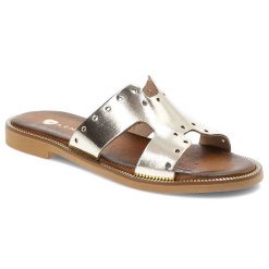 Złote Klapki Armodo Wygodne Obuwie Damskie. Żółte klapki damskie Armodo, bez wzorów, z materiału, eleganckie, bez obcasa, na obcasie. Za 209.00 zł.