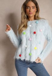 Jasnoniebieski Sweter z Dodatkiem Wełny z Alpaki i Kolorowymi Pomponami Felinora. Niebieskie swetry damskie Renee, bez wzorów, z wełny, casualowe, bez kołnierzyka, bez ramiączek, długie, bez kaptura. Za 99.99 zł.