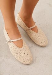 Ciemnobeżowe Balerinki VICES z Ażurową Cholewką i Plecionką Malella. Brązowe baleriny damskie Born2be, na lato, w ażurowe wzory, z materiału, klasyczne, bez obcasa, na płaskiej podeszwie. Za 99.99 zł.