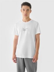 4F T-shirt regular z nadrukiem męski - biały XXL. Białe koszulki sportowe męskie 4f, m, bez wzorów, z bawełny, bez kołnierzyka, bez ramiączek. W wyprzedaży za 29.99 zł.