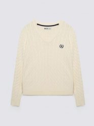 Sweter damski ze splotem warkoczowym z dekoltem v-neck biały Nisa 100. Białe swetry damskie Big Star, l, bez wzorów, z bawełny, klasyczne, bez kołnierzyka, bez ramiączek, bez kaptura. Za 199.99 zł.