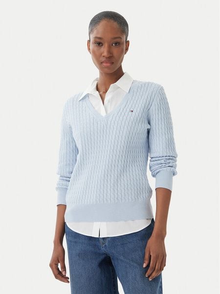 Tommy Hilfiger Sweter WW0WW44987 Niebieski jasny Regular Fit. Niebieskie swetry damskie Tommy Hilfiger, l, bez wzorów, z bawełny, bez kołnierzyka, bez ramiączek, bez kaptura. Za 426.99 zł.