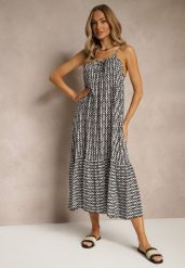Czarna Sukienka z Bawełny Ozdobiona Geometrycznym Motywem Nilavionea. Czarne sukienki damskie Renee, na spotkanie biznesowe, na lato, l, z aplikacjami, z bawełny, eleganckie, bez kołnierzyka, bez ramiączek, midi. Za 39.99 zł.