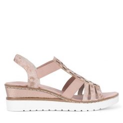 Sandały Rieker. Czerwone sandały damskie Rieker, bez wzorów, bez obcasa, na koturnie, bez zapięcia. Za 269.99 zł.