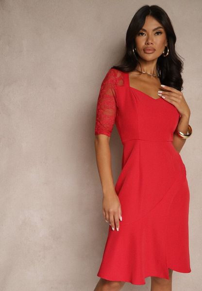 Czerwona Dopasowana Sukienka Vices o Asymetrycznym Fasonie Zdobiona Koronką Natileira. Czerwone sukienki damskie Renee, na spotkanie biznesowe, l, z aplikacjami, z koronki, eleganckie, z asymetrycznym kołnierzem, bez ramiączek, midi, asymetryczne. Za 109.99 zł.
