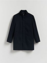 Płaszcz ze stójką - granatowy. Niebieskie płaszcze męskie Reserved, l, bez wzorów, z tkaniny, bez kaptura. Za 459.99 zł.