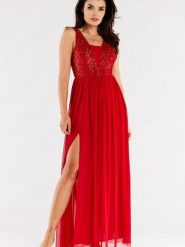 Sukienka Model A486 Red - awama. Czerwone sukienki damskie Awama, na wesele, l, z aplikacjami, z elastanu, eleganckie, bez kołnierzyka, plus size, bez ramiączek, maxi. Za 610.80 zł.