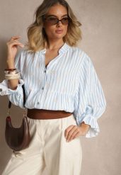 Niebieska Koszula z Bawełny z Dekoltem w Serek Zdobiona Kwiatowym Wzorem Mailisse. Niebieskie bluzki damskie Renee, z aplikacjami, z bawełny, eleganckie, bez kołnierzyka, bez ramiączek. Za 89.99 zł.