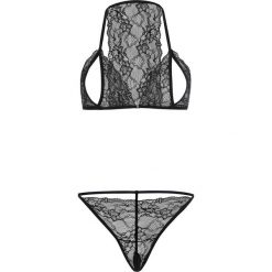 Biustonosz z trójkątnymi miseczkami + stringi "ouvert" (2 części) bonprix czarny. Stringi damskie bonprix, w koronkowe wzory, z koronki. Za 54.99 zł.