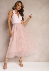 Różowa Rozkloszowana Plisowana Spódnica z Tiulu Wykończona z Przodu Cyrkoniami i Gumką w Talii Missarla. Czerwone spódnice damskie Renee, l, z aplikacjami, z satyny, eleganckie, midi, dopasowane. Za 59.99 zł.
