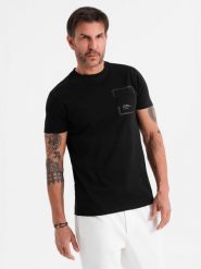 Bawełniany męski t-shirt z nadrukiem na kieszonce czarny V1 OM-TSPT-0154 L. Czarne t-shirty męskie Ombre, l, bez wzorów, z bawełny, bez kołnierzyka. Za 226.92 zł.