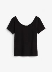 T-shirt z głębokim dekoltem z tyłu. Czarne bluzki damskie bonprix, bez wzorów, bez kołnierzyka, bez ramiączek. Za 59.99 zł.
