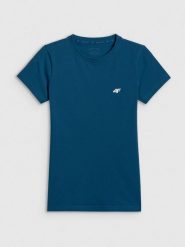 4F T-shirt slim gładki damski - turkusowy M. Niebieskie t-shirty damskie 4f, m, bez wzorów, z bawełny, klasyczne, bez kołnierzyka. Za 39.99 zł.