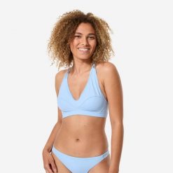 Góra kostiumu kąpielowego surfingowego damska Decathlon Ana duże rozmiary. Niebieskie bikini damskie Decathlon, bez wzorów. Za 89.99 zł.