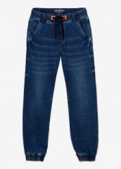 Dżinsy dresowe chłopięce o kroju regular fit, tapered. Niebieskie jeansy dla chłopców bonprix, z bawełny. Za 132.99 zł.