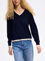 Sweter z kontrastową lamówką - granatowy. Niebieskie swetry damskie Reserved, l, bez wzorów, z dzianiny, bez kołnierzyka, bez ramiączek, bez kaptura. Za 99.99 zł.