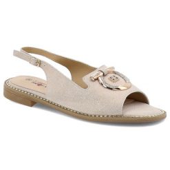 Sandały damskie S. Barski, ze sprzączką eleganckie ze skóry ekologicznej z ozdobą, różowe, KV51-043. Czerwone sandały damskie S.BARSKI, z aplikacjami, ze skóry ekologicznej, bez obcasa, na płaskiej podeszwie, bez zapięcia. Za 149.00 zł.