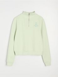 Bluza half-zip z ozdobnym haftem - zielony. Zielone bluzy damskie Sinsay, l, bez wzorów, bez kaptura. Za 49.99 zł.