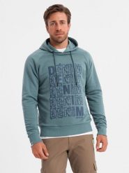 Bluza męska kangurka nierozpinana z kapturem i nadrukiem - turkusowa V2 - Rozmiar: M. Niebieskie bluzy męskie Ombre Clothing, m, bez wzorów, z bawełny, z kapturem. W wyprzedaży za 49.99 zł.