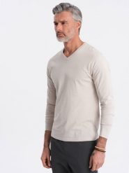 Longsleeve męski bez nadruku z dekoltem w serek - jasnobeżowy V1 OM-LSBL-0108 - XXL. Brązowe bluzki z długim rękawem męskie Ombre Clothing, l, bez wzorów, z bawełny, eleganckie, bez kołnierzyka. W wyprzedaży za 79.99 zł.
