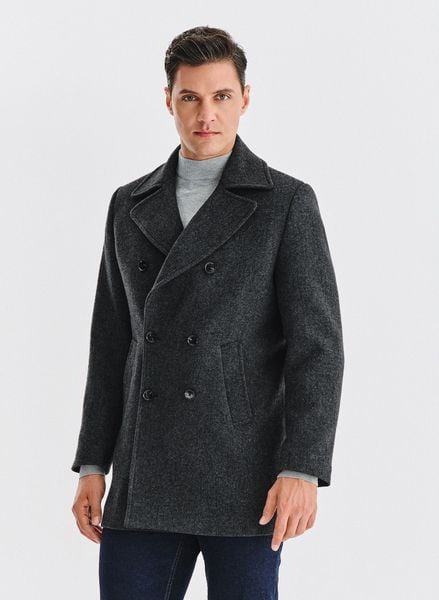 PAKO LORENTE – Szary płaszcz dwurzędowy z wełną. Szare kurtki męskie Pako Lorente, na zimę, bez wzorów, z poliesteru, bez kaptura. Za 699.99 zł.