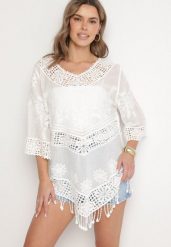 Biała Bawełniana Bluzka Oversize w Stylu Boho z Haftem i Koroną Maivienne. Białe bluzki damskie Born2be, bez wzorów, z bawełny, boho, bez kołnierzyka, bez ramiączek. Za 79.99 zł.