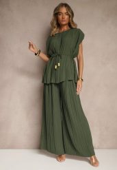 Ciemnozielony Komplet Spodnie o Szerokim Kroju i Bluzka z Usztywnioną Linią Ramion Nilamira. Brązowe bluzki damskie Renee, m, bez wzorów, eleganckie, bez kołnierzyka, bez ramiączek. Za 129.99 zł.