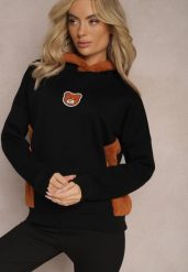 Czarna Bluza z Bawełny z Ozdobną Naszywką z Misiem i Polarowym Kapturem Hecatia. Czarne bluzy damskie Renee, z aplikacjami, z bawełny, z kapturem. Za 99.99 zł.