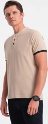 Ombre Koszulka męska polo bez kołnierzyka - beżowa V5 OM-TSCT-0156 L. Brązowe koszulki polo męskie Ombre, l, bez wzorów, bez ramiączek. Za 79.99 zł.