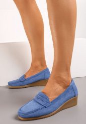 Niebieskie Półbuty Mokasyny na Koturnie Rosazara. Niebieskie mokasyny damskie Born2be, z jeansu, eleganckie. Za 54.99 zł.