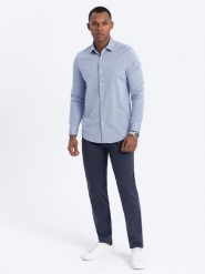 Spodnie męskie chino o dopasowanym kroju - ciemnoniebieskie V4 OM-PACP-0151 - XXL. Niebieskie spodnie materiałowe męskie Ombre Clothing, l, bez wzorów, z bawełny. Za 179.99 zł.