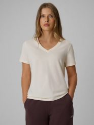 4F T-shirt regular gładki damski - kremowy XS. Białe t-shirty damskie 4f, xs, bez wzorów, z bawełny, biznesowe, bez kołnierzyka. Za 59.99 zł.