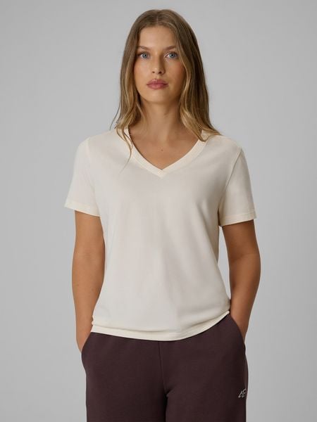 4F T-shirt regular gładki damski - kremowy XS. Białe t-shirty damskie 4f, xs, bez wzorów, z bawełny, biznesowe, bez kołnierzyka. Za 59.99 zł.