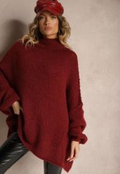 Bordowy Golf Oversize z Wełną z Opadającą Linią Ramion Lilirea. Czerwone swetry damskie Renee, bez wzorów, z jeansu, eleganckie, bez kołnierzyka, bez ramiączek, bez kaptura. Za 169.99 zł.