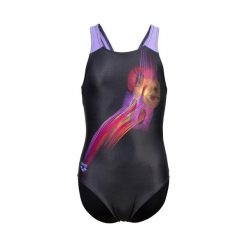 Dziewczęcy jednoczęściowy kostium kąpielowy Arena Parrot V Back. Czarne stroje kąpielowe dla dziewczynek Arena, bez wzorów, z elastanu. Za 197.00 zł.