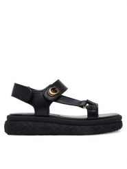 Guess Sandały FLJLAN ELE03 Czarny. Czarne sandały damskie Guess, z aplikacjami, ze skóry, bez obcasa, na płaskiej podeszwie, bez zapięcia. Za 379.99 zł.