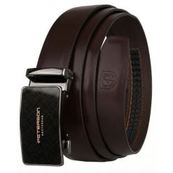 Skórzany, solidny pasek męski w ciemnobrązowym kolorze z automatyczną klamrą Peterson PTN A001 D.BROWN. Brązowe paski damskie Peterson, bez wzorów, ze skóry, eleganckie. Za 89.99 zł.