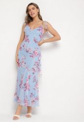 Niebieski Komplet w Kwiaty Spódnica i Top z Wiązanymi Ramiączkami i Falbankami Torellina. Niebieskie spódnice damskie Born2be, m, z aplikacjami, z jeansu, eleganckie. Za 169.99 zł.