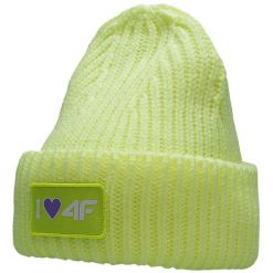 Czapka dziecięca 4F HJZ22 limonkowa. Zielone buty zimowe dziewczęce 4f, bez wzorów, z dzianiny, bez zapięcia. Za 41.99 zł.