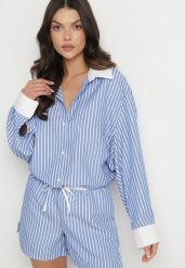 Niebieska Koszula w Paski z Kontrastowymi Mankietami i Kołnierzykiem Zarona. Niebieskie bluzki damskie Born2be, l, bez wzorów, z jeansu, eleganckie, bez kołnierzyka, bez ramiączek. Za 99.99 zł.