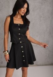 Czarny Komplet z Kamizelką i Rozkloszowaną Spódnicą z Eleganckimi Guzikami Jenane. Czarne spódniczki dla dziewczynek Renee, bez wzorów. Za 159.99 zł.