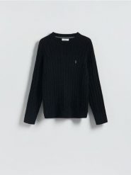 Sweter z warkoczowym splotem - czarny. Czarne swetry przez głowę męskie Reserved, l, bez wzorów, z bawełny, bez kołnierzyka. Za 139.99 zł.