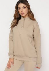 Beżowa Bawełniana Bluza z Półgolfem i Ściągaczem Themista. Brązowe bluzy damskie Born2be, bez wzorów, z bawełny, bez kaptura. Za 89.99 zł.