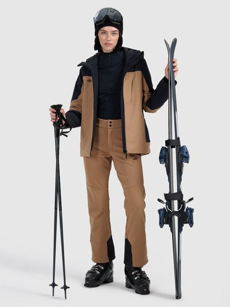 4F Spodnie narciarskie softshell membrana 10000 damskie - brązowe XXL. Brązowe spodnie materiałowe damskie 4f, na zimę, l, bez wzorów, z materiału, narciarskie. Za 599.99 zł.
